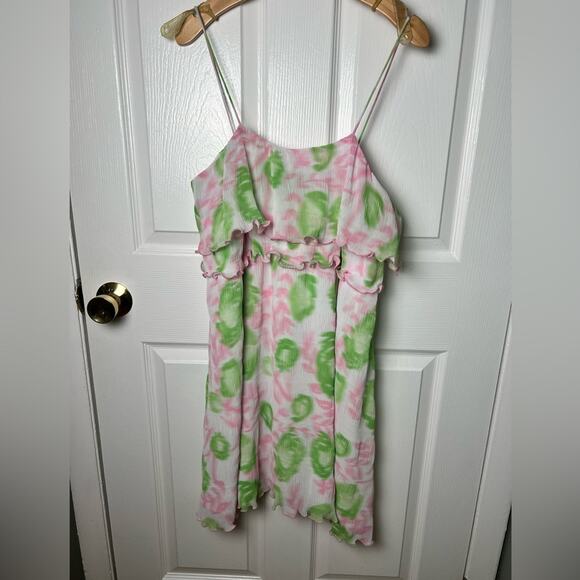 GANNI Womens Pink Green Pleated Ruffle Georgette Strap Mini Dress Sz S - Picture 7 of 9